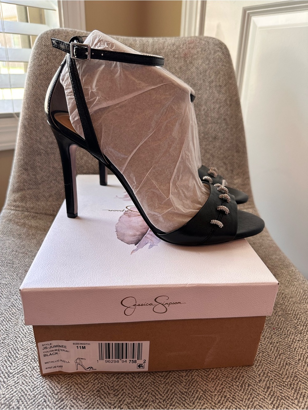Jessica Simpson Black Ankle-Strap Rhinestone Heel Sandals